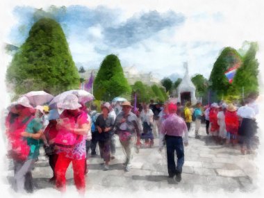 Büyük Saray manzarası Wat Phra Kaew Bangkok Tayland suluboya resim ressamı.