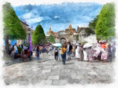 Büyük Saray manzarası Wat Phra Kaew Bangkok Tayland suluboya resim ressamı.