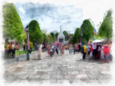 Büyük Saray manzarası Wat Phra Kaew Bangkok Tayland suluboya resim ressamı.
