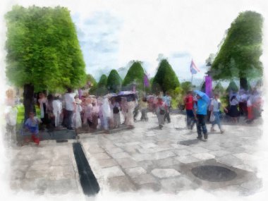 Büyük Saray manzarası Wat Phra Kaew Bangkok Tayland suluboya resim ressamı.