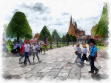Büyük Saray manzarası Wat Phra Kaew Bangkok Tayland suluboya resim ressamı.