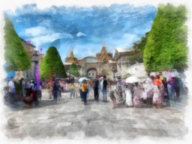 Büyük Saray manzarası Wat Phra Kaew Bangkok Tayland suluboya resim ressamı.