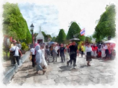 Büyük Saray manzarası Wat Phra Kaew Bangkok Tayland suluboya resim ressamı.