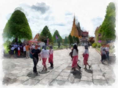 Büyük Saray manzarası Wat Phra Kaew Bangkok Tayland suluboya resim ressamı.