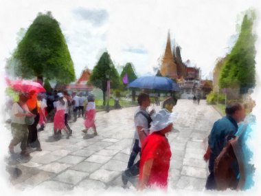 Büyük Saray manzarası Wat Phra Kaew Bangkok Tayland suluboya resim ressamı.