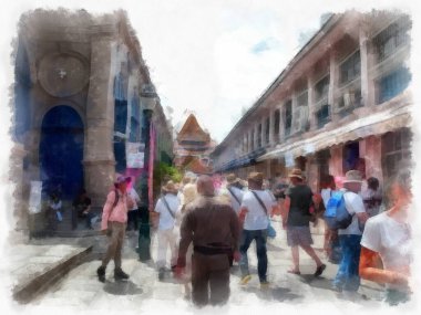 Büyük Saray manzarası Wat Phra Kaew Bangkok Tayland suluboya resim ressamı.