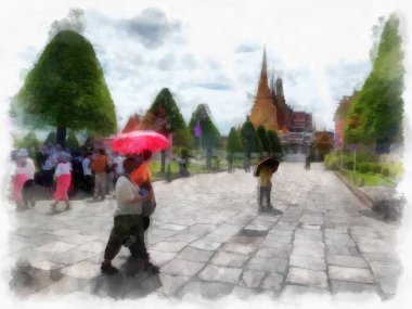 Büyük Saray manzarası Wat Phra Kaew Bangkok Tayland suluboya resim ressamı.