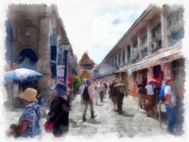Büyük Saray manzarası Wat Phra Kaew Bangkok Tayland suluboya resim ressamı.