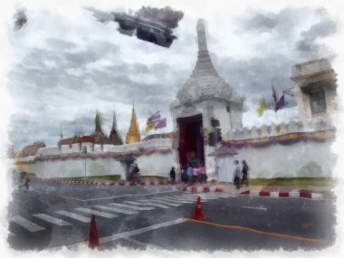 Büyük Saray manzarası Wat Phra Kaew Bangkok Tayland suluboya resim ressamı.