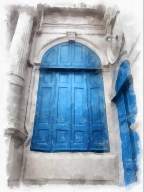 Büyük mavi antika ahşap pencere suluboya resim çizimi Empresyonist.