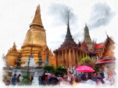 Büyük Saray manzarası Wat Phra Kaew Bangkok Tayland suluboya resim ressamı.