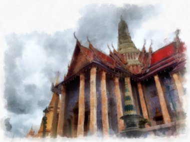 Büyük Saray manzarası Wat Phra Kaew Bangkok Tayland suluboya resim ressamı.