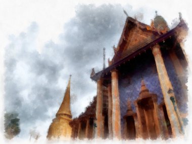 Büyük Saray manzarası Wat Phra Kaew Bangkok Tayland suluboya resim ressamı.