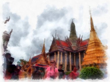 Büyük Saray manzarası Wat Phra Kaew Bangkok Tayland suluboya resim ressamı.