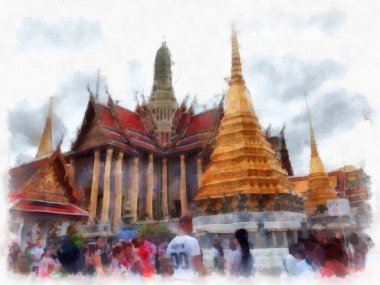 Büyük Saray manzarası Wat Phra Kaew Bangkok Tayland suluboya resim ressamı.