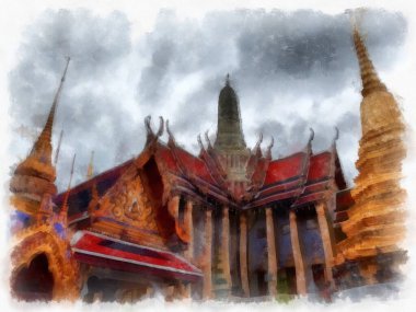 Büyük Saray manzarası Wat Phra Kaew Bangkok Tayland suluboya resim ressamı.
