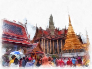 Büyük Saray manzarası Wat Phra Kaew Bangkok Tayland suluboya resim ressamı.