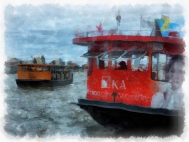 Chao Phraya Nehri 'ndeki feribotlar Tayland suluboya resim çizimi.