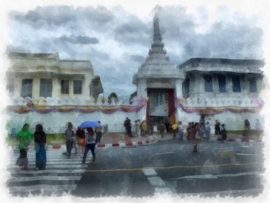 Büyük Saray manzarası Wat Phra Kaew Bangkok Tayland suluboya resim ressamı.