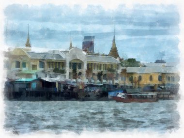 Chao Phraya Nehri Bangkok Tayland suluboya resim ressamı manzarası.
