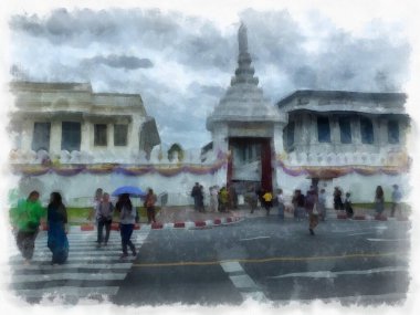 Büyük Saray manzarası Wat Phra Kaew Bangkok Tayland suluboya resim ressamı.