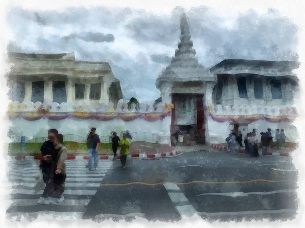 Büyük Saray manzarası Wat Phra Kaew Bangkok Tayland suluboya resim ressamı.