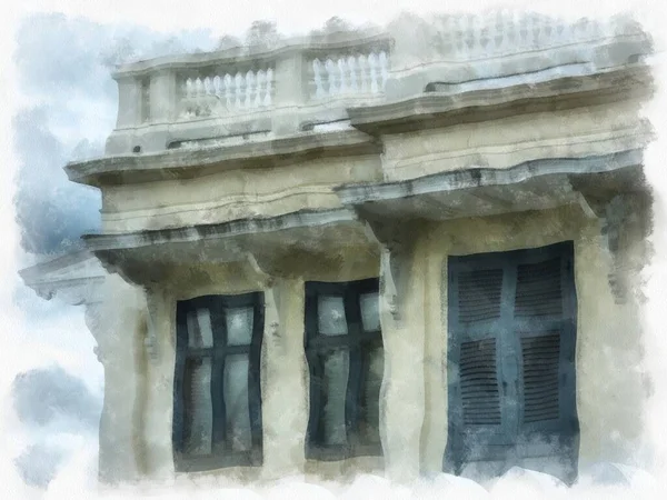 Büyük Saray manzarası Wat Phra Kaew Bangkok Tayland suluboya resim ressamı.