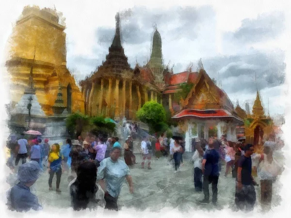 Paisaje Del Gran Palacio Wat Phra Kaew Bangkok Tailandia Acuarela —  Fotos de Stock