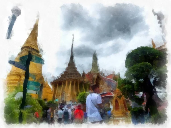 Tájkép Grand Palace Wat Phra Kaew Bangkok Thaiföld Akvarell Stílus — Stock Fotó