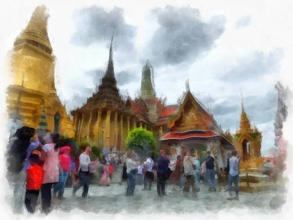 Krajobraz Wielkiego Pałacu Wat Phra Kaew Bangkok Tajlandia Akwarela Styl — Zdjęcie stockowe