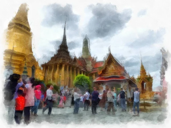 Büyük Saray manzarası Wat Phra Kaew Bangkok Tayland suluboya resim ressamı.