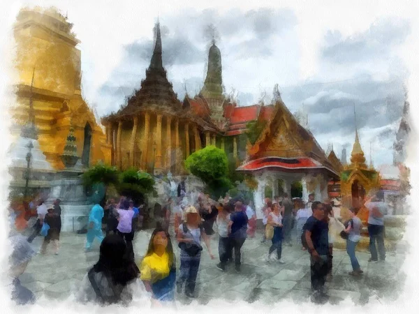 Paisagem Grande Palácio Wat Phra Kaew Bangkok Tailândia Aquarela Estilo — Fotografia de Stock