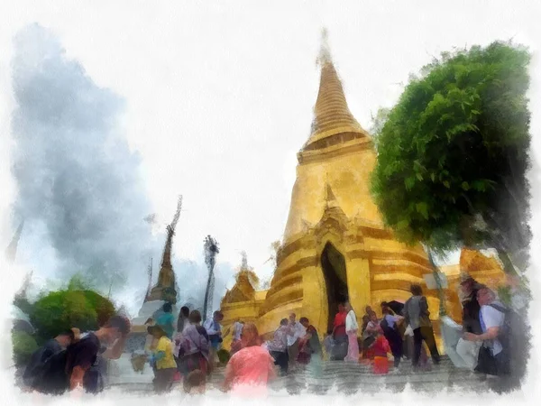Büyük Saray manzarası Wat Phra Kaew Bangkok Tayland suluboya resim ressamı.