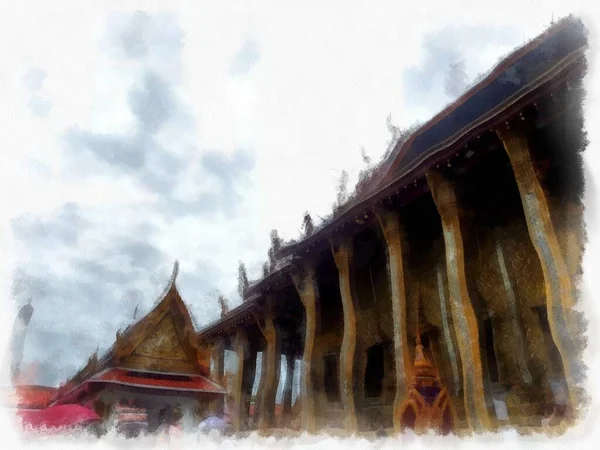 Paisagem Grande Palácio Wat Phra Kaew Bangkok Tailândia Aquarela Estilo — Fotografia de Stock