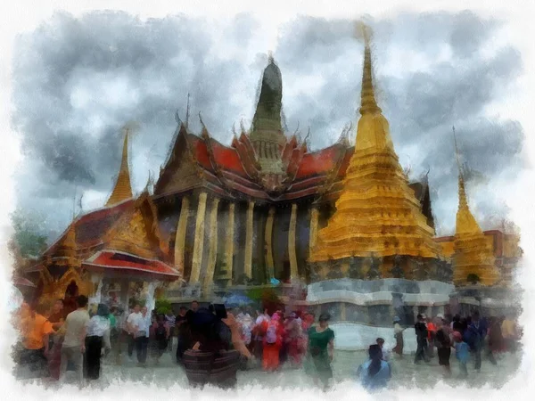 Paisagem Grande Palácio Wat Phra Kaew Bangkok Tailândia Aquarela Estilo — Fotografia de Stock