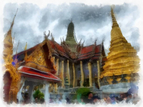 Büyük Saray manzarası Wat Phra Kaew Bangkok Tayland suluboya resim ressamı.