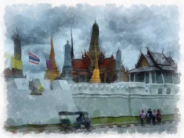 Büyük Saray manzarası Wat Phra Kaew Bangkok Tayland suluboya resim ressamı.