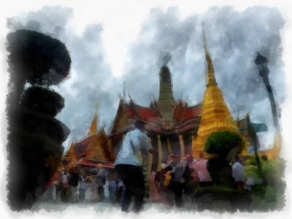 Krajobraz Wielkiego Pałacu Wat Phra Kaew Bangkok Tajlandia Akwarela Styl — Zdjęcie stockowe