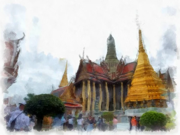 Paisagem Grande Palácio Wat Phra Kaew Bangkok Tailândia Aquarela Estilo — Fotografia de Stock