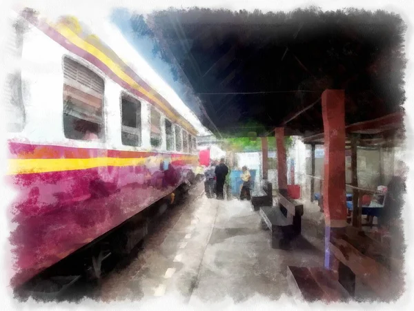 泰国火车停在火车站水彩画风格的印象派绘画前 — 图库照片
