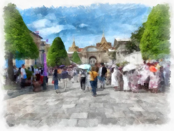 Büyük Saray manzarası Wat Phra Kaew Bangkok Tayland suluboya resim ressamı.