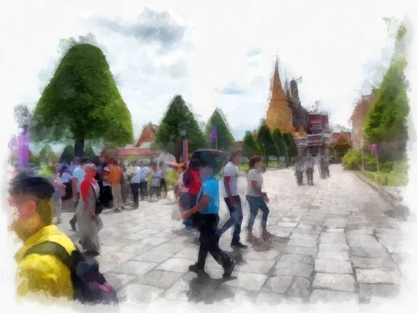 Büyük Saray Manzarası Wat Phra Kaew Bangkok Tayland Suluboya Resim — Stok fotoğraf