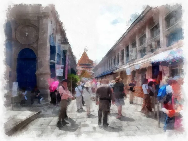Büyük Saray manzarası Wat Phra Kaew Bangkok Tayland suluboya resim ressamı.