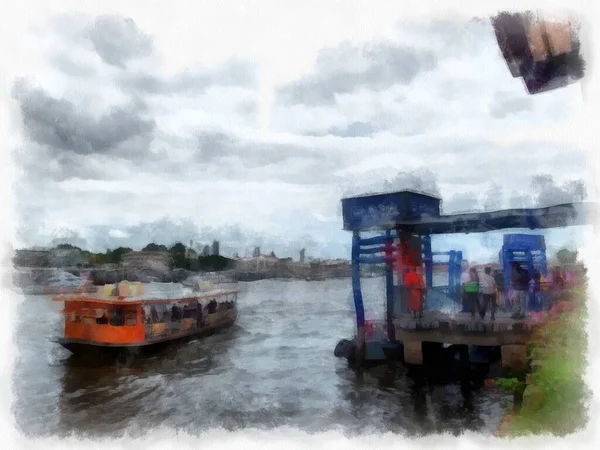 Fähren Auf Dem Fluss Chao Phraya Bangkok Thailand Aquarell Illustration — Stockfoto