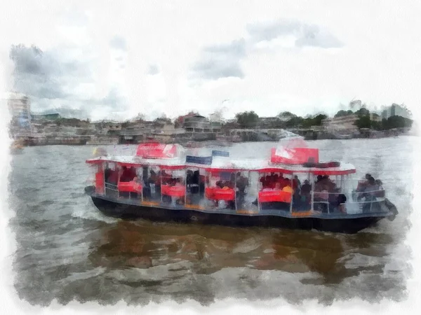 Chao Phraya河渡船曼谷泰国水彩画风格的印象派绘画 — 图库照片
