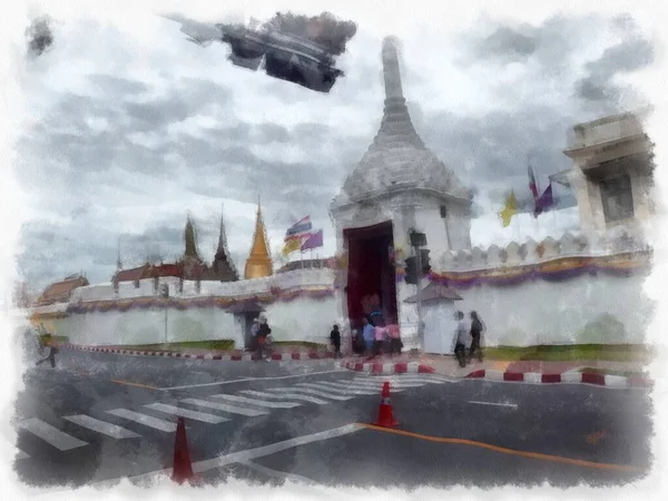Büyük Saray manzarası Wat Phra Kaew Bangkok Tayland suluboya resim ressamı.
