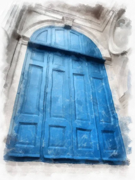 Büyük mavi antika ahşap pencere suluboya resim çizimi Empresyonist.