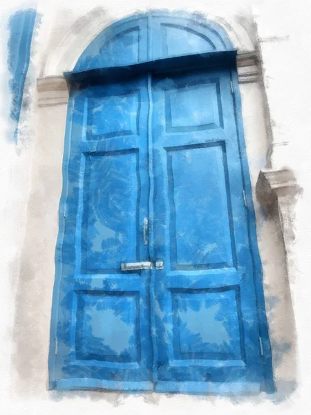 Large Blue Antique Wooden Window Watercolor Style Illustration Impressionist Painting — Fotografia de Stock