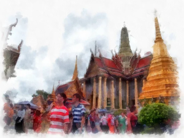 Büyük Saray manzarası Wat Phra Kaew Bangkok Tayland suluboya resim ressamı.