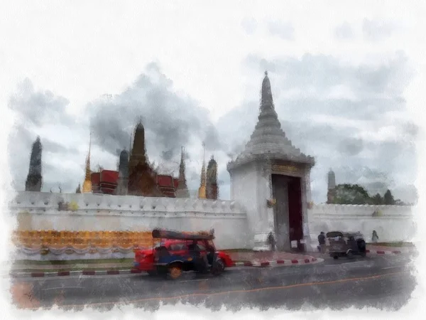 Büyük Saray manzarası Wat Phra Kaew Bangkok Tayland suluboya resim ressamı.